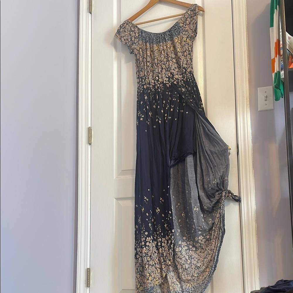 LAST CHANCE: Large Navy Blue Off Shoulder Floral Rayon Split Maxi Romper Dress